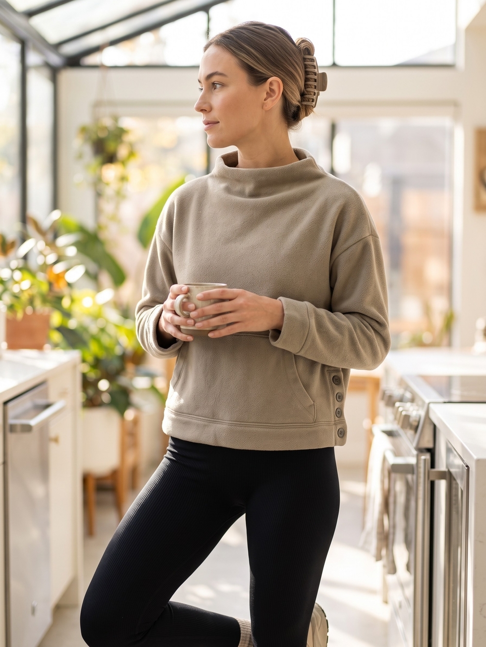 Madewell MWL Cozy Fleece Funnel Neck Sweatshirt Side Button Neutral Gorpcore